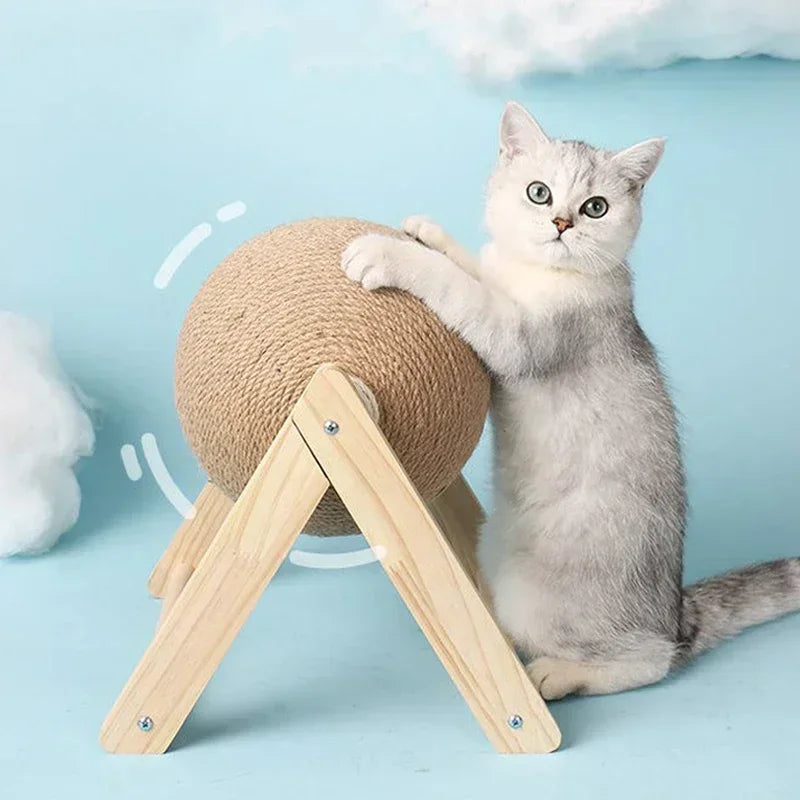 Solid Wood Natural Sisal Scratcher Cat Ball Toy - Pets Accomplice